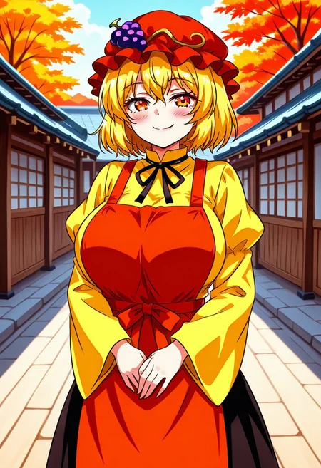 seireiart style, outside, (japanese village), (feudal japan), ((marketplace)), daytime, ((autumn)), 1girl, solo, naughty smile, blush, closed mouth, ((Large Breasts)), looking at viewer, ((standing)), ((posings)), aki minоriko, blonde hair, short hair, orange eyes, mob cap, grapes on hat, dress, yellow shirt, red apron, black skirt, wide sleeves, juliet sleeves, ribbon