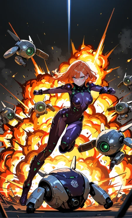 masterpiece, sharp detail, intricate detail, 1girl, green eyes, orange hair, medium breasts, dark purple bodysuit, knee boots, armor, full body, action pose, explosion, <lora:Improved Anime Drones:1> non-humanoid robot, science fiction