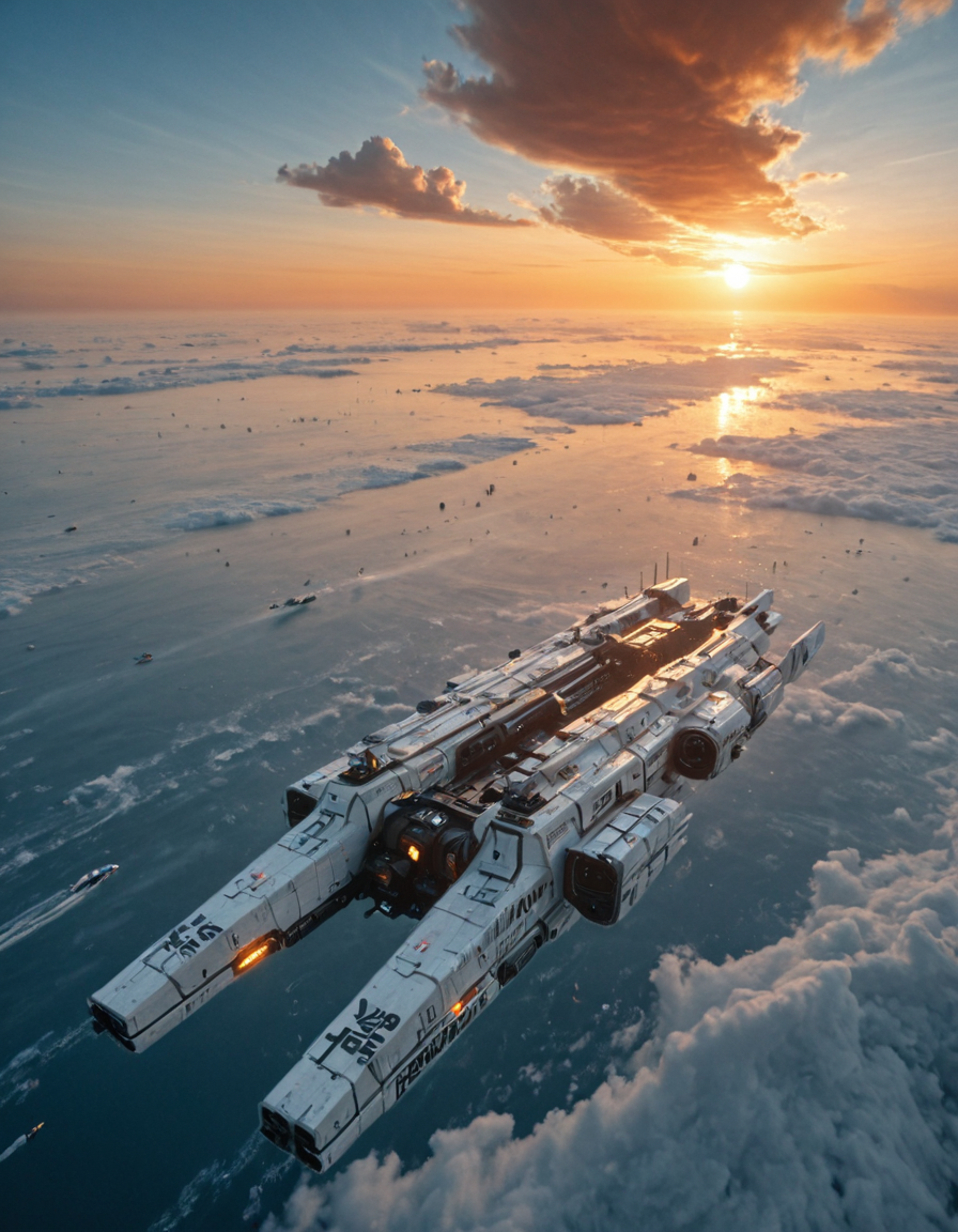 <lora:Space_Worlds_Minis_3v2:1> swminis3all, Test1, kanji, white, science fiction, above sea, outdoors, sunset, blue sky,