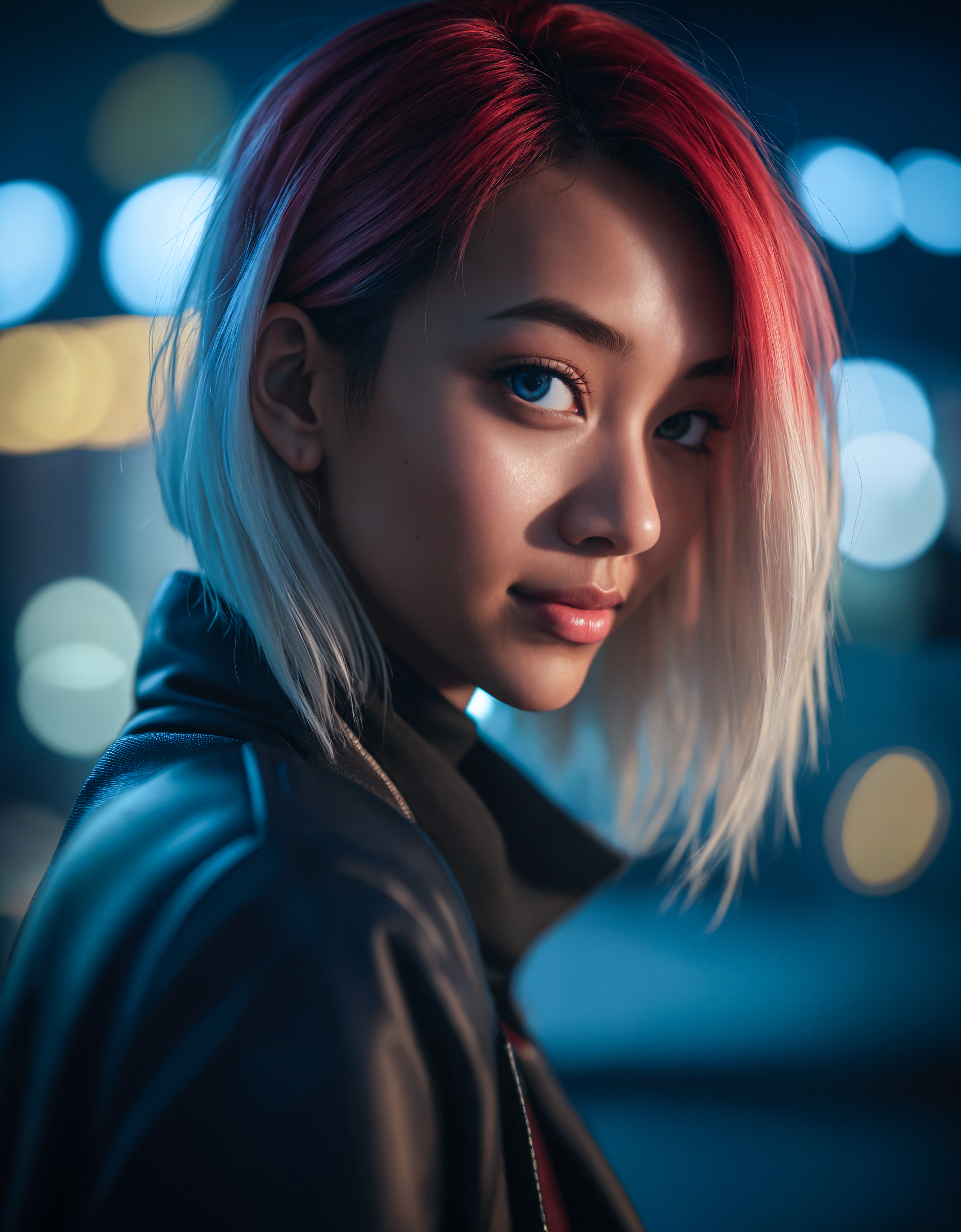 (macro) glamour shot of a beautiful asian young woman wearing a turtleneck bending forward to the viewer in front of a (window:1.3) overlooking (cyberpunk city) at night, bokeh, neon, cyberpunk, dark, low light, low key, multicolored hair, hair highlights, red and blonde hair, dynamic lighting, cinematic still, freckles, dark skin, movie screencap, smile, smirk, piercing blue eyes, extremely long hair, sleek hair, portrait, dynamic pose,, 100mm f/2.8 macro lens, dynamic pose, pov, portrait, close-up