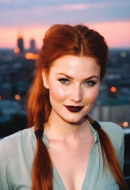 CinematicPortrait woman (analog photo) ginger smile slavic cleavage ponytail outdoors, (glossy dark lipstick), grey eyes, (balcony cityscape sunset), (soft focus, depth of field, film grain), (((looking at viewer))) <lora:CinematicPortraitXL_v3:0.25> <lora:EuroBabe-v4-XL:0.35>