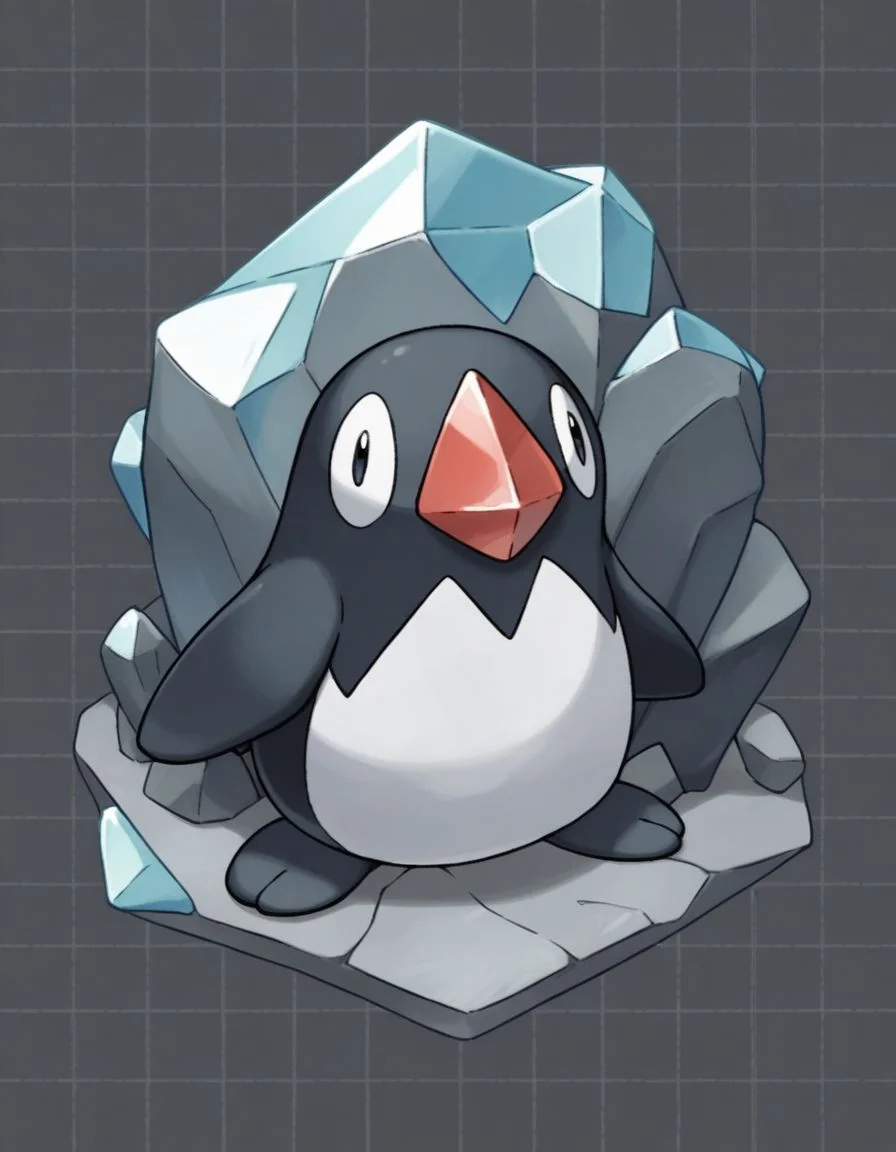 score_9,score_8_up,score_7_up, <lora:Navi_PokeDnaGen1_PonyXL_S1-000007:0.8> , nv-pokegen1, penguin , Rock-Type, Crystals, Gems, , Bulky, Rocky skin, Rough, dark gray background, simple background, grid background,