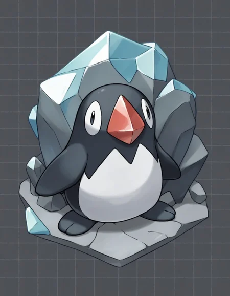 score_9,score_8_up,score_7_up, <lora:Navi_PokeDnaGen1_PonyXL_S1-000007:0.8> , nv-pokegen1, penguin , Rock-Type, Crystals, Gems, , Bulky, Rocky skin, Rough, dark gray background, simple background, grid background,