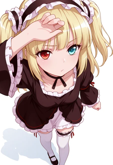 Smooth Quality,masterpiece,very intricate, high quality details, ultra realistic, high detailed skin,detailed enviorement,absurdres,
Hand on own forehead,
 <lora:Kobato_Hasegawa_CNR:0.8> kobato_cnr, hasegawa kobato, 1girl, blonde hair, two side up, heterochromia, red eyes, blue eyes,
dress, hairband,choker,white thighhighs, pantyhose,mary janes, shoes, bridal garter, long sleeves, wide sleeves,, simple background, white background, from above,solo,, :/,