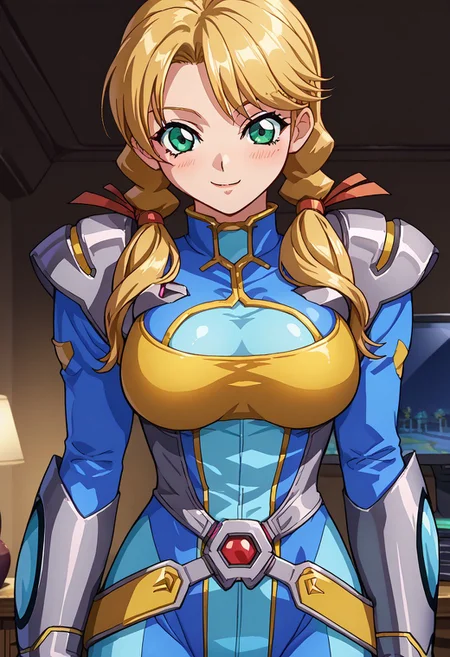 score_9, score_8_up, score_7_up, score_6_up, source_anime, anime screencap, 1girl, solo, oldrin, blonde hair, low twintails, green eyes, srwbluepilotsuit, blue bodysuit, pauldrons, wrist guards, metal belt, grey armor, helmet removed, no headwear, large breasts, looking at viewer, light blush, smile, cowboy shot, night, indoors, modern, dark walls, monitor,