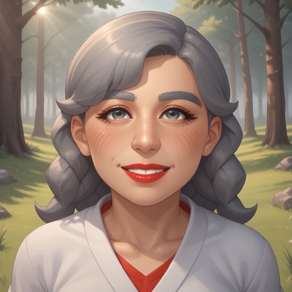 score_9, score_8, BREAK, solo, mii, wii u, gray hair, female mii, 1girl, old woman, wii sports club, gray eyebrows, gray eyes, big nose, blush, facial features, red lips, lipstick, smile, teeth, red clothing, white pants, flip flops, Joana_(\Wii_Sports_Club\), cute, medium breasts, Nintendo Mii, modern_mii, classic_mii, sexy pose, smile, outdoors, sunlight, shadows, evening lighting, natural lighting, forest, trees, grass, orange sky, sunset