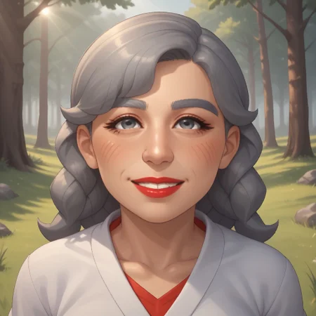 score_9, score_8, BREAK, solo, mii, wii u, gray hair, female mii, 1girl, old woman, wii sports club, gray eyebrows, gray eyes, big nose, blush, facial features, red lips, lipstick, smile, teeth, red clothing, white pants, flip flops, Joana_(\Wii_Sports_Club\), cute, medium breasts, Nintendo Mii, modern_mii, classic_mii, sexy pose, smile, outdoors, sunlight, shadows, evening lighting, natural lighting, forest, trees, grass, orange sky, sunset