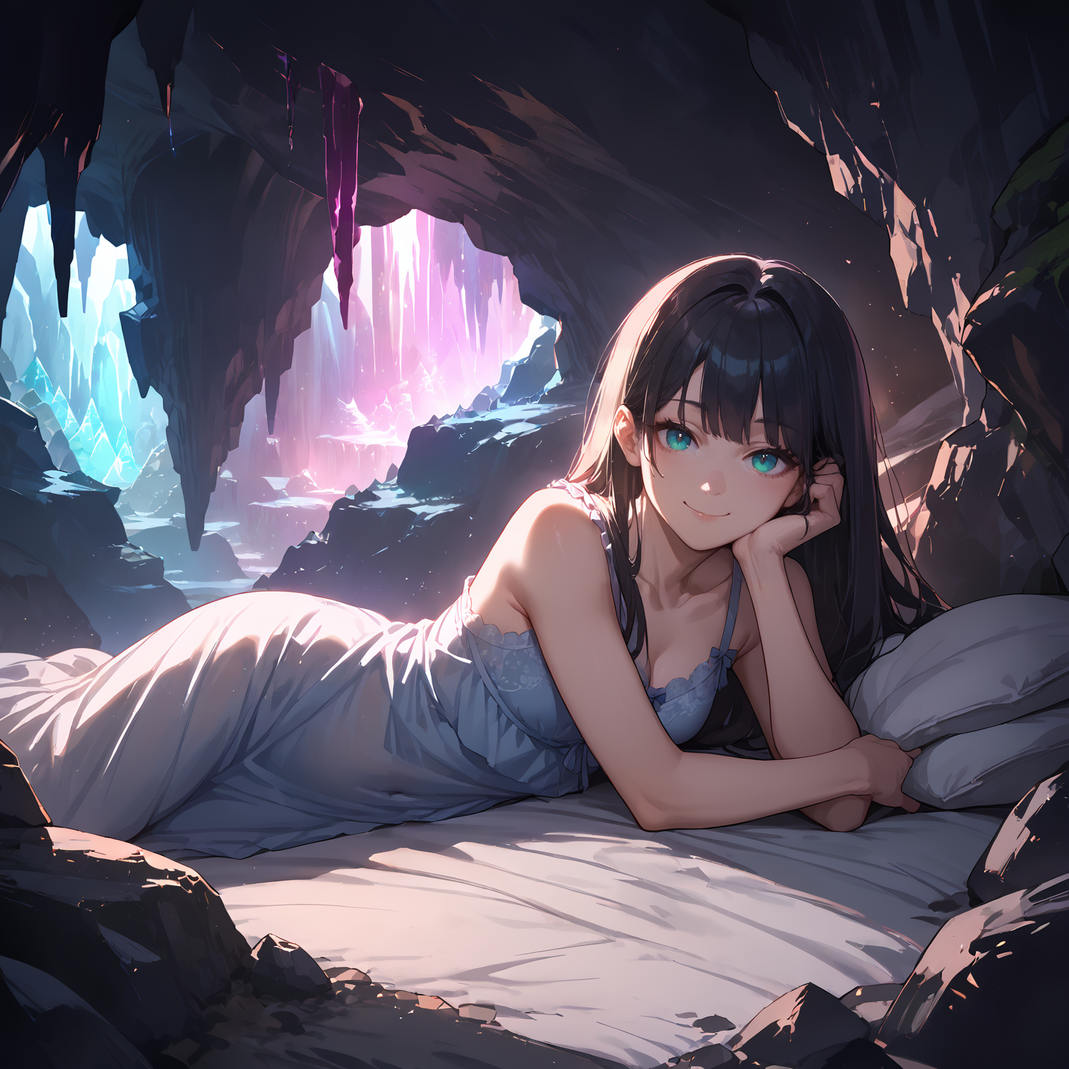 score_9, score_8_up, score_7_up,source_anime, <lora:Magical_Cave_bed:0.95> mbicmg, cave, stalactite, magical, light, glowing, bed, cave, 1girl, nightgown, black hair, on side, on bed, smile, head rest,