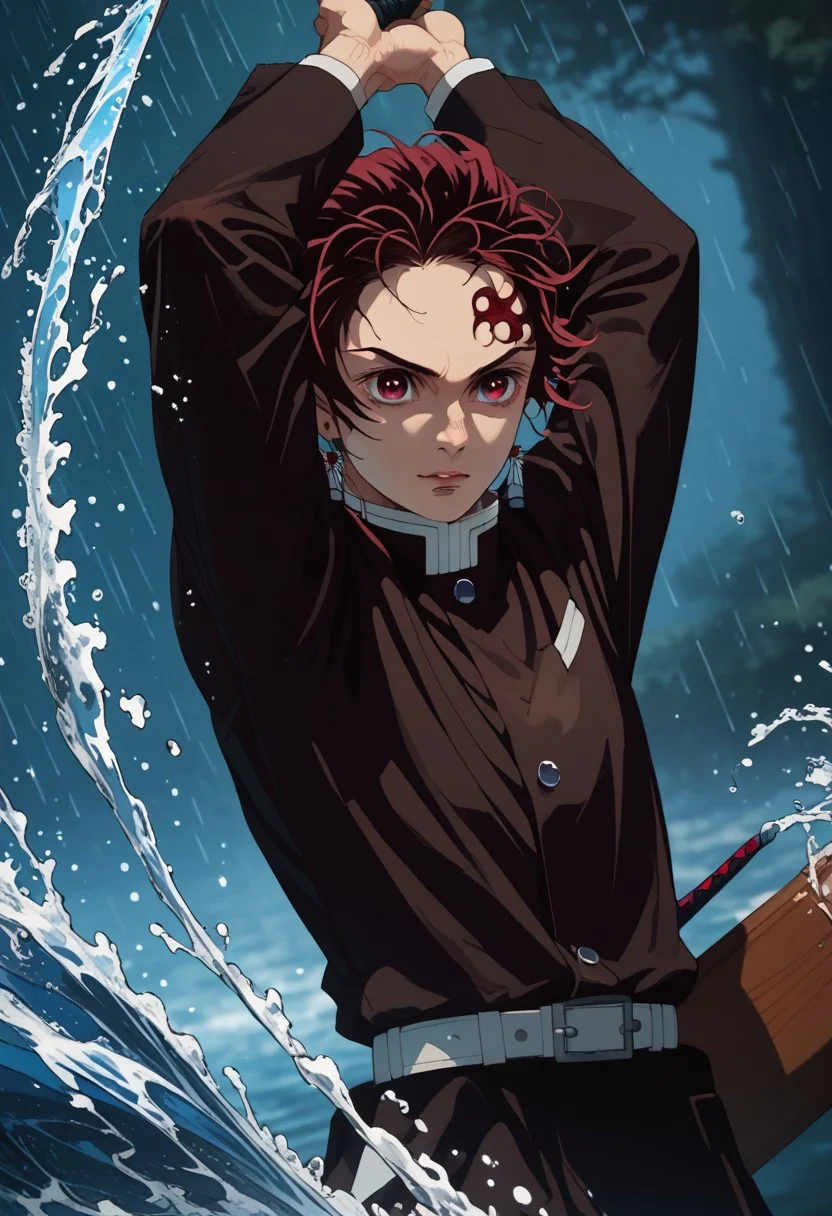 score_9, score_8_up, score_7_up, source_anime, rating_safe, raining, kamado tanjirou, (red_Tanjiro_hair), red-white_Tanjiro_eyes, 1boy, male focus, holding sword, fighting stance, stylized_Tanjiro_water, arms up, cropped legs, hands with five fingers, blurry outdoor bubbles, blue theme, flat color, dark theme, sinozick style, realistic shading, from below, dutch angle,