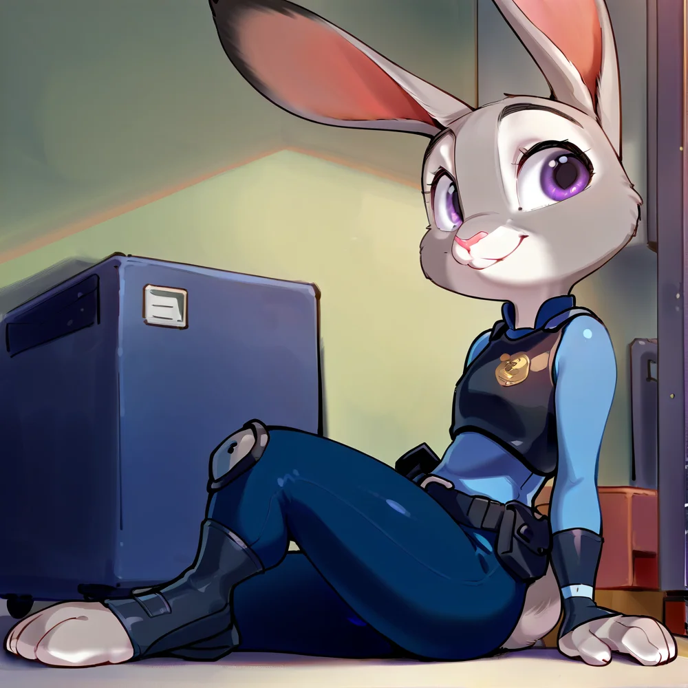 hi res, best quality, female, Score_9, score_8, score_7 BREAK, best anatomy, (solo), small body, young, petite, ultra detailed, short, (source_cartoon), (((show accurate))), (masterpiece), <lora:Judy_Hopps_Illustrious:1>, judy_hopps, furry, rabbit ears, grey fur, two-tone fur, rabbit girl, purple eyes, rabbit tail, police outfit, smile, indoors, sitting