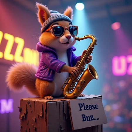 A cute squirrel playing the saxophone up on a high pedestal, wearing a beanie, shades, a purple sparkling jacket, disco lights, photorealistic, a cardboard sign that says "Please Buzz...", colourful, epic, cinematic shot,