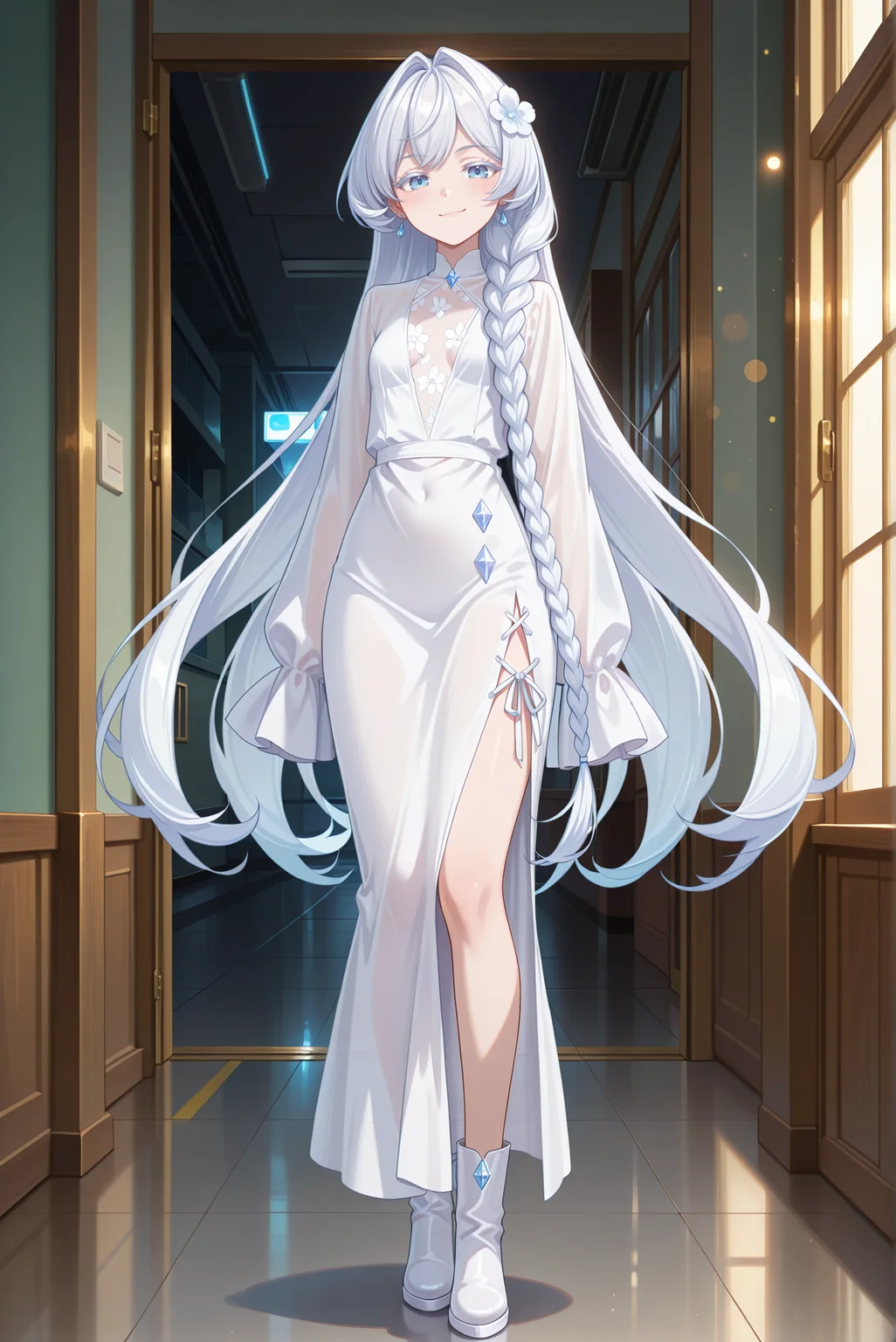 masterpiece, best quality, anime, 2d, 1girl, (slender), (anime screencap:1.2), (small breasts), solo, <lora:Hweiss-ILXL-V2:1> hweiss
BREAK (white hair, very long hair, white flower, hair flower, braided sidelock, colored eyelashes), (colored skin, pale skin) indoors, parking lot
BREAK (white dress, cleavage cutout, see-through cleavage, flower print cleavage, cross-laced slit, long sleeves, sleeves past fingers, white footwear, long dress), boots,
BREAK (looking at viewer, full body, standing, arms at sides:1.2), (smirk, light blue eyes, closed mouth),
BREAK  <lora:RealisticAnimeIXL:0.5>, bokeh, luminescent background,