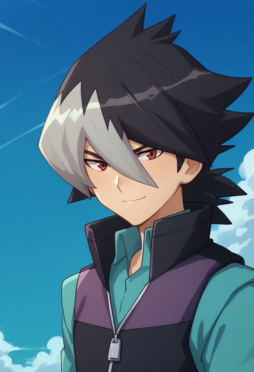 score_9, score_8_up, score_7_up, source_anime, highly detailed, 
kaidou, 1boy, male focus, solo, red eyes, multicolored hair, two-tone hair, black hair, grey hair, bangs, hair between eyes, hair over one eye, shirt, blue shirt, vest, popped collar, zipper, upper body, smile,
outdoor, sky