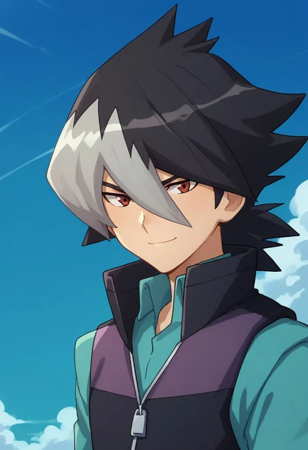 score_9, score_8_up, score_7_up, source_anime, highly detailed,
kaidou, 1boy, male focus, solo, red eyes, multicolored hair, two-tone hair, black hair, grey hair, bangs, hair between eyes, hair over one eye, shirt, blue shirt, vest, popped collar, zipper, upper body, smile,
outdoor, sky