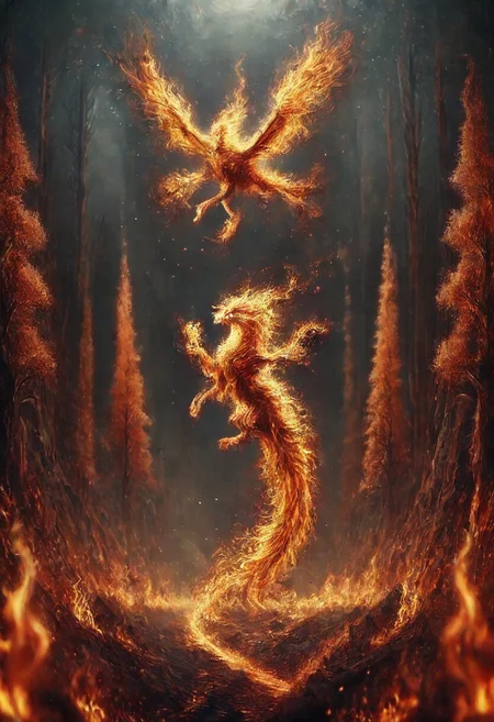 Fish, floating, burning forest, orange fur, walking, flames on paws, grey background,{{best quality}}, {{amazing quality}}, {{very aesthetic}}, best quality, very aesthetic, absurdres, blurry background, , best quality, amazing quality, very aesthetic, absurdres, Rastex,