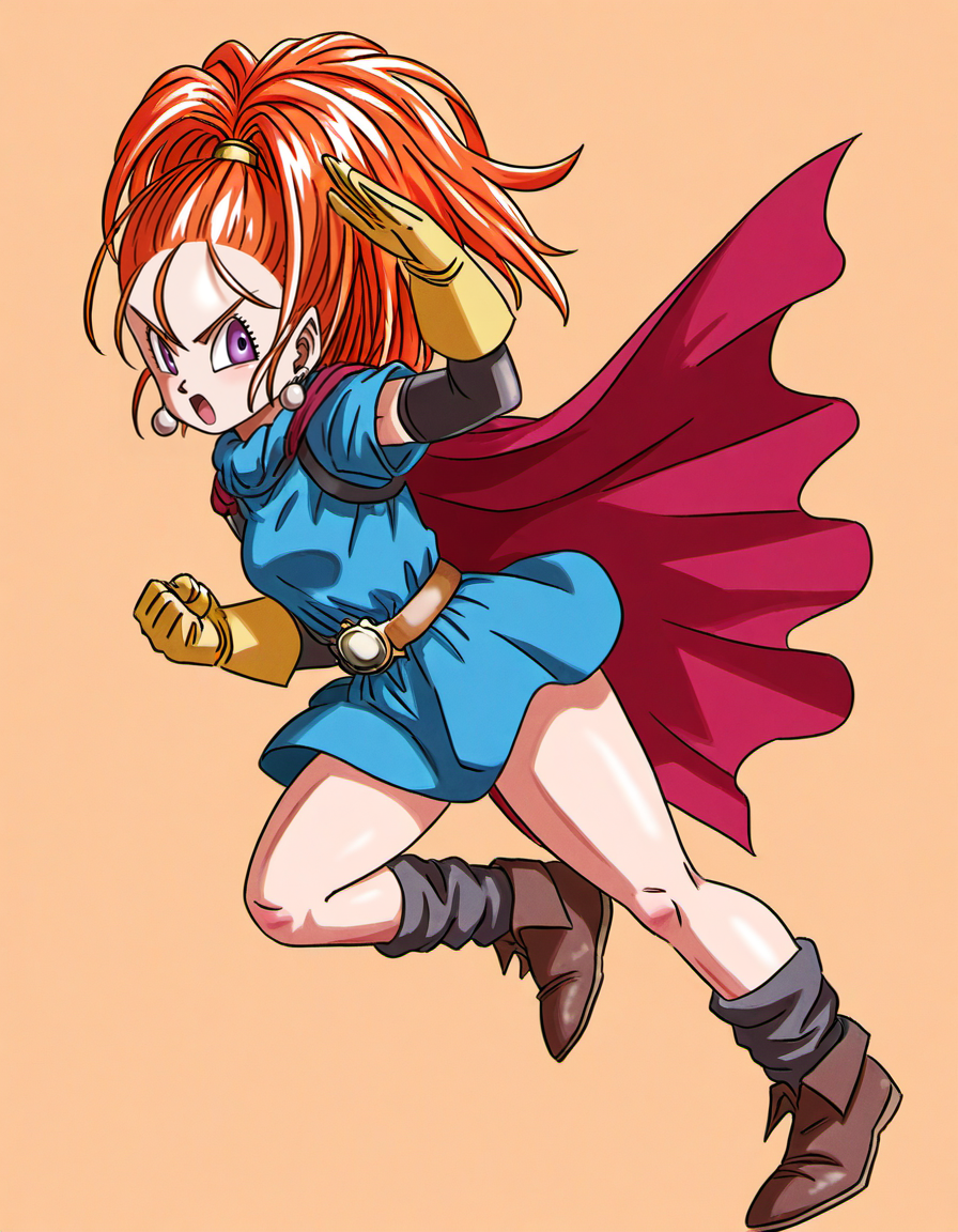 <lora:DQ6barbara_SDXL_Illustrious01_fp16_ver01:1>,DQ6barbara,1girl,purple eyes,earrings,orange hair,high ponytail,yellow gloves, blue dress, belt, red cape, short sleeves,black socks, brown footwear, toriyama akira \(style\), fighting stance, standing on one leg, open mouth, v-shaped eyebrows, from side, masterpiece, best quality, very aesthetic, absurdres,<lora:detailed_hands:1>,hand
