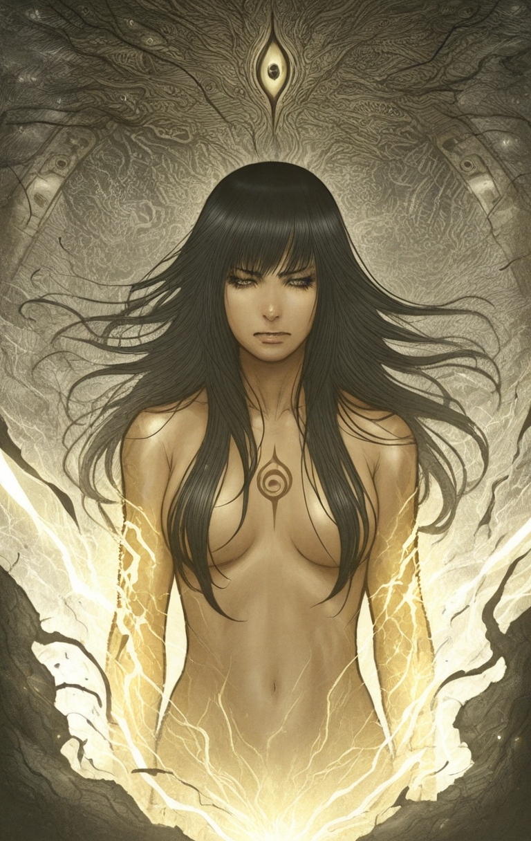 Realistic photo, best quality, (realistic: 1.4), (masterpiece: 1.4), Sana Takeda, 1girl, solo, long hair, black hair, nude, electricity, hair censor, hair over breasts, science fiction, tattoo