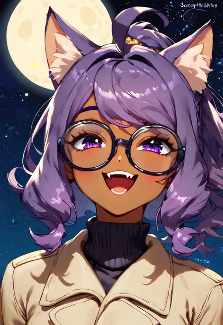 score_9_up, score_8_up_, score_7_up, cute catgirl, cute pose, cute expression, catgirl ears, tanned skin, brown skin, dark blue glasses, titanium glasses, square glasses, bright purple hair, medium hair, ponytail, ahoge hair, bangs, sideswept hair, sly smile, open mouth smile, arrogant, dark blue turtleneck sweater, white corporate logo on sweater, baggy turtleneck sweater, cozy sweater, oversized sweater, blazer over sweater, khaki trench coat, hi-tech clothes, adorned clothes, starry jewelery, night time, moon, very starry sky, solo focus on face, close up of face, portrait style, from torso up, very detailed, best detail, (best quality:1.5), masterpiece, (high resolution:1.5)