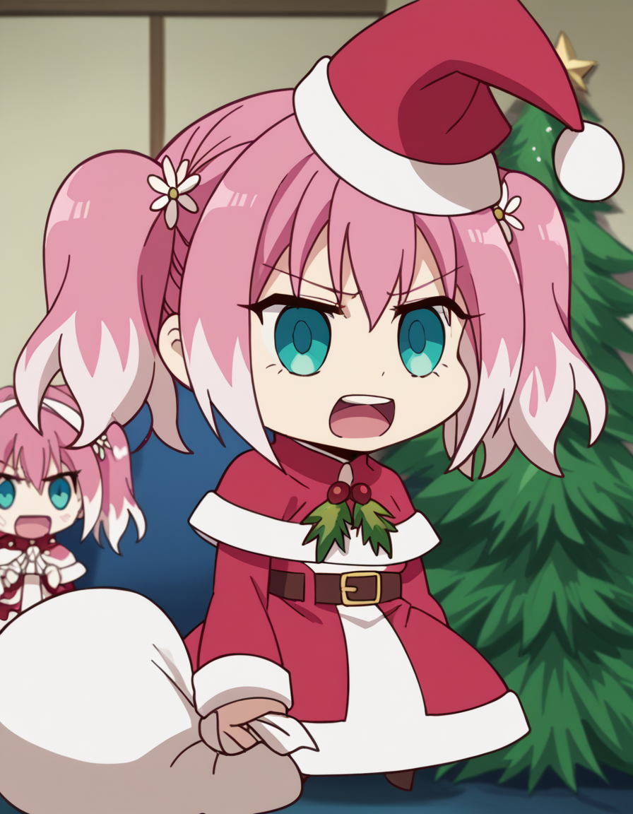 score_9, score_8_up, score_7_up, source_anime, <lora:nana-hiiragi-s1-ponyxl-lora-nochekaiser:1>, nana hiiragi, aqua eyes, twintails, pink hair, flower, white hair, multicolored hair, hair flower, two-tone hair, anime screencap, <lora:padoru-ponyxl-lora-nochekaiser:1>, padoru, padoru (meme), holding sack, sack, santa hat, meme, christmas, open mouth, chibi, red capelet, santa dress, capelet, fur-trimmed headwear,, , dutch angle, cowboy shot