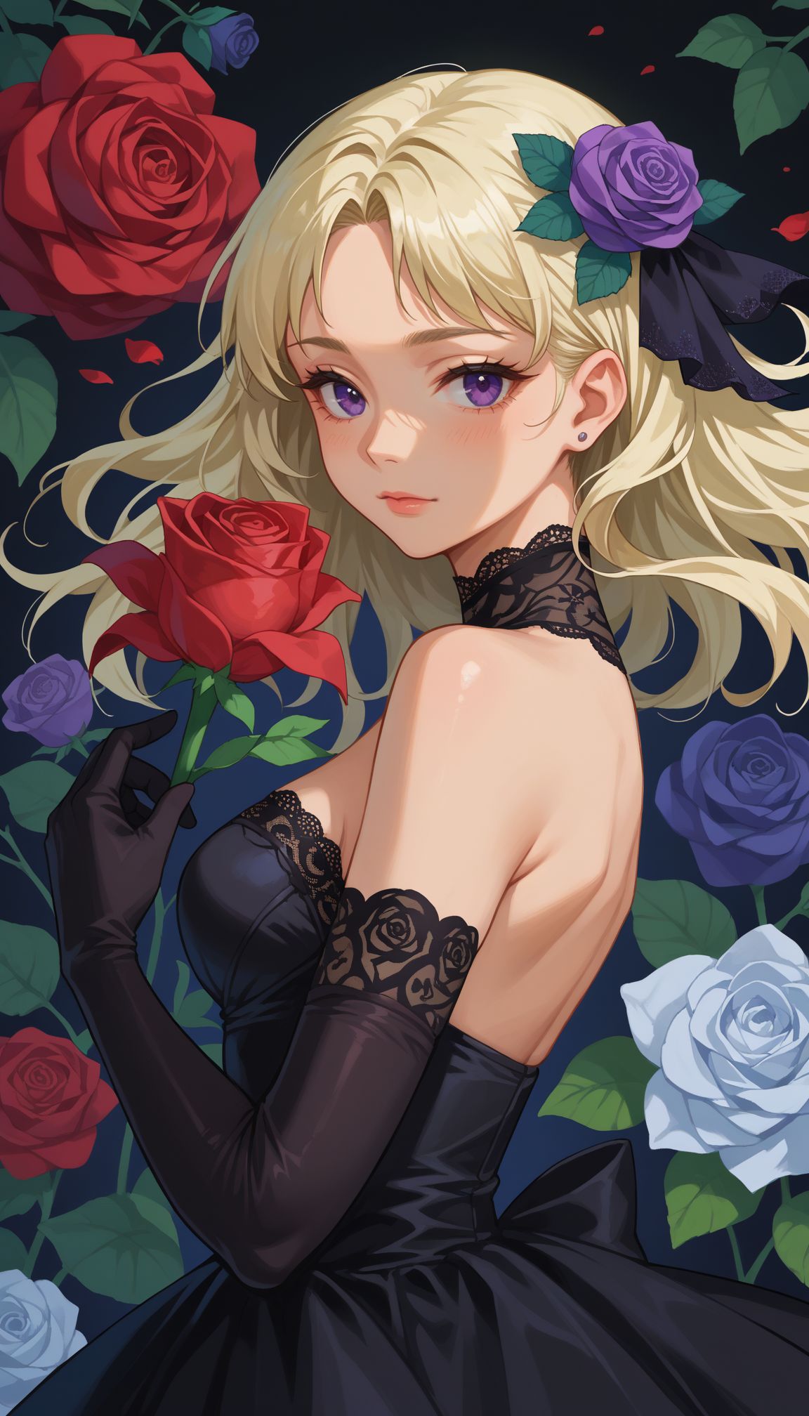 score_9, score_8_up, score_7_up, source_anime, 1girl,  <lora:Runa new 2:0.8> Runa, blonde hair, purple eyes,  1girl, bac, black flower, black rose, blue rose, elbow gloves, floral background, flower, flower ornament, gloves, green flower, looking at viewer, pink flower, purple flower, purple rose, red flower, red rose, rose, rose petals, rose print, solo, upper body, white flower, white rose, yellow rose