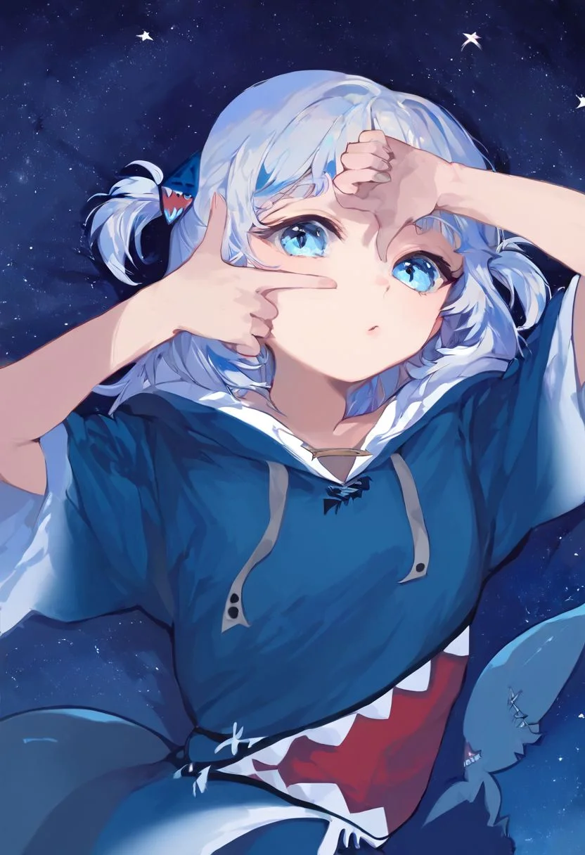 core_9, score_8_up, score_7_up, comics masterpiece, 4k, high quality, ((solo)), finger frame, midnight with stars background, blue theme, 
gawr gura, blue hoodie, two side up, shark hair ornament, shark tail