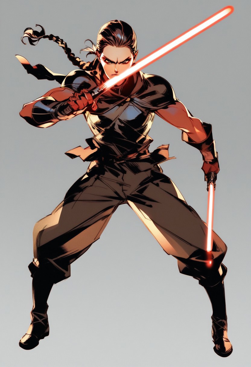 score_9,score_8_up,score_7_up,1girl,solo,sci-fi fantasy,fierce expression,brown hair,braided hair,wearing dark robes,wielding red lightsaber,intense pose,glowing red and orange lighting,battle-ready stance,dramatic background,full body shot,high contrast,powerful and commanding presence,strong and determined,dark and mystical,captivating and intense,epic and dynamic,yoji_shinkawa