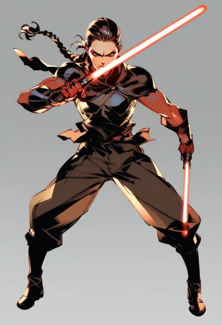 score_9,score_8_up,score_7_up,1girl,solo,sci-fi fantasy,fierce expression,brown hair,braided hair,wearing dark robes,wielding red lightsaber,intense pose,glowing red and orange lighting,battle-ready stance,dramatic background,full body shot,high contrast,powerful and commanding presence,strong and determined,dark and mystical,captivating and intense,epic and dynamic,yoji_shinkawa
