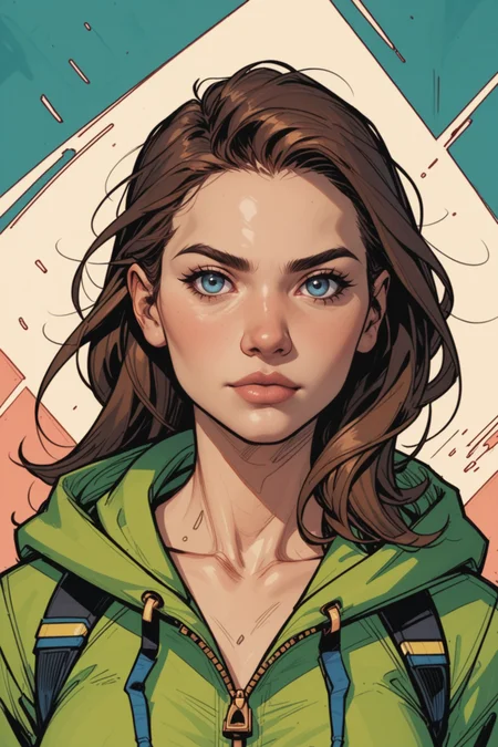 1girl, solo, hood, looking at viewer, upper body, zipper, jacket, brown hair, hood up, cyberpunk, blue eyes, lips, closed mouth, long hair, breasts, mask, hooded jacket, nose, forehead, zipper pull tab, green jacket, a_Comic_Illustration, rough lines with ink, (drawn:1.1), (sketch:1.5), (crosshatching:1.25), (comic style:1.1), graphic novel style, sharp lines, hires, zstyle, (western comics \(style\):1.1), (hatching \(texture\):1.2), zPDXL, Mr_Monster_Possitive, <lora:Expressive_H:0.5>, score_9, score_8_up, score_8_up,
