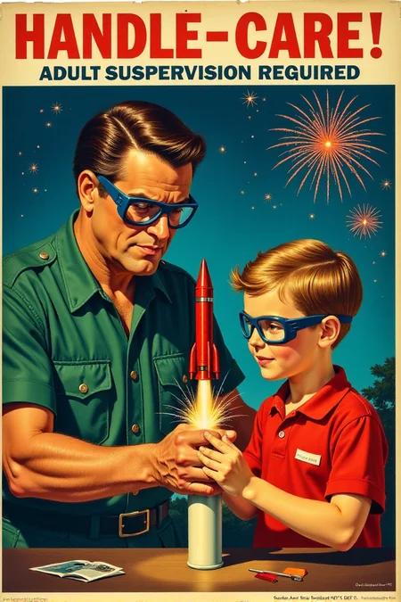 A brightly colored vintage safety poster depicting a stern-looking adult male wearing protective goggles, firmly but gently guiding a young boy (also wearing goggles) as he lights a single firework rocket placed securely in a launch tube. The background features a clear night sky with stylized, safe fireworks exploding at a distance. Bold, red sans-serif text at the top reads: "HANDLE WITH CARE! Adult Supervision Required." Focus on the clear depiction of safe handling and the importance of adult guidance. <lora:REMEs_War_Poster_Style:0.95> In REME's War Poster Style,âââ