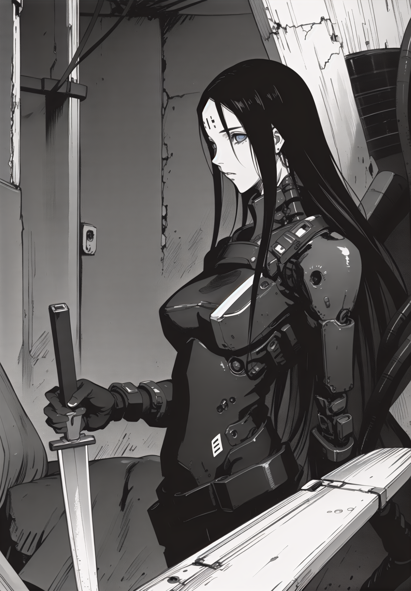 best quality,(beautiful detailed face:1.0), (detailed deep eyes),,<lora:ST anime:0.3>,, <lora:add detail:-0.2><lora:GoodHands-vanilla:1>
,1girl, style, 
, detailed_background,vast, gigantic, decrepit scenery, covered in large tubes and cables, dim light, giant-gross-organic, 
,upper body,weapon, sword, cyborg girl, cords, heavy equipment, bodysuits,medium breasts, sanakan (safeguard), safeguard sign on forehead,
,,<lora:ST inikmixV5:0.4><lora:ST_hipev3:0.3> <lora:blame5:0.8>
