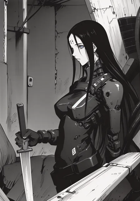 best quality,(beautiful detailed face:1.0), (detailed deep eyes),,<lora:ST anime:0.3>,, <lora:add detail:-0.2><lora:GoodHands-vanilla:1>
,1girl, style, 
, detailed_background,vast, gigantic, decrepit scenery, covered in large tubes and cables, dim light, giant-gross-organic, 
,upper body,weapon, sword, cyborg girl, cords, heavy equipment, bodysuits,medium breasts, sanakan (safeguard), safeguard sign on forehead,
,,<lora:ST inikmixV5:0.4><lora:ST_hipev3:0.3> <lora:blame5:0.8>