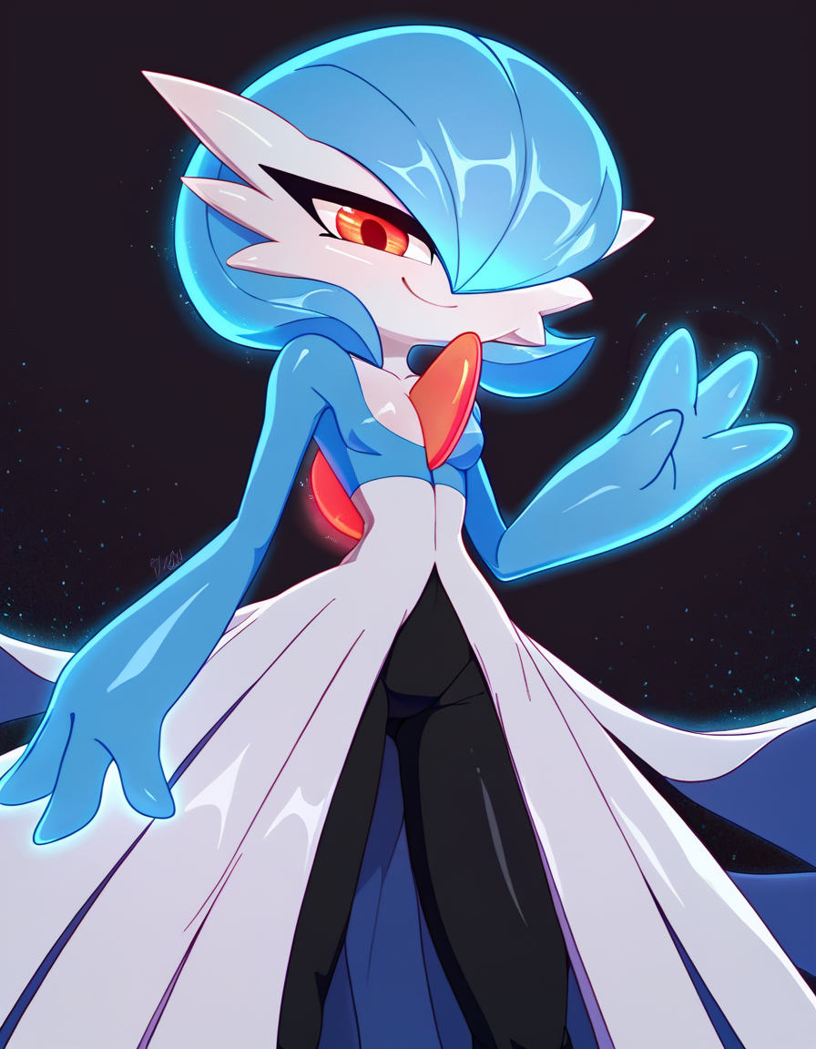 score_9, score_8_up,  BREAK    <lora:Mrploxykun_Artist_Style_ponyXL-000012:1>,  black eyeliner, gardevoir, pokemon \(creature\),two-tone_skin, glowing eyes, perspective distortion, solo, looking at viewer, smile, small breasts, shiny pokemon, blue skin , blue theme, black background, glowing hair, glowing eyes, energy aura , light particles, limited palette, long skirt, bloom effect,