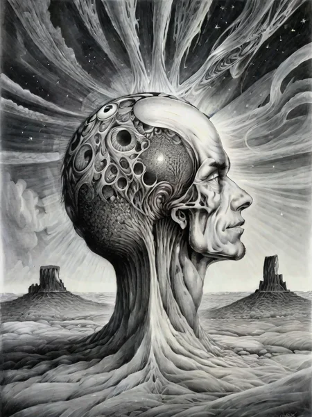 <lora:sur-mono_XL:1>, sur-mono_XL, monochrome, line sketch, surrealistic, in the style of Raoof Haghighi
