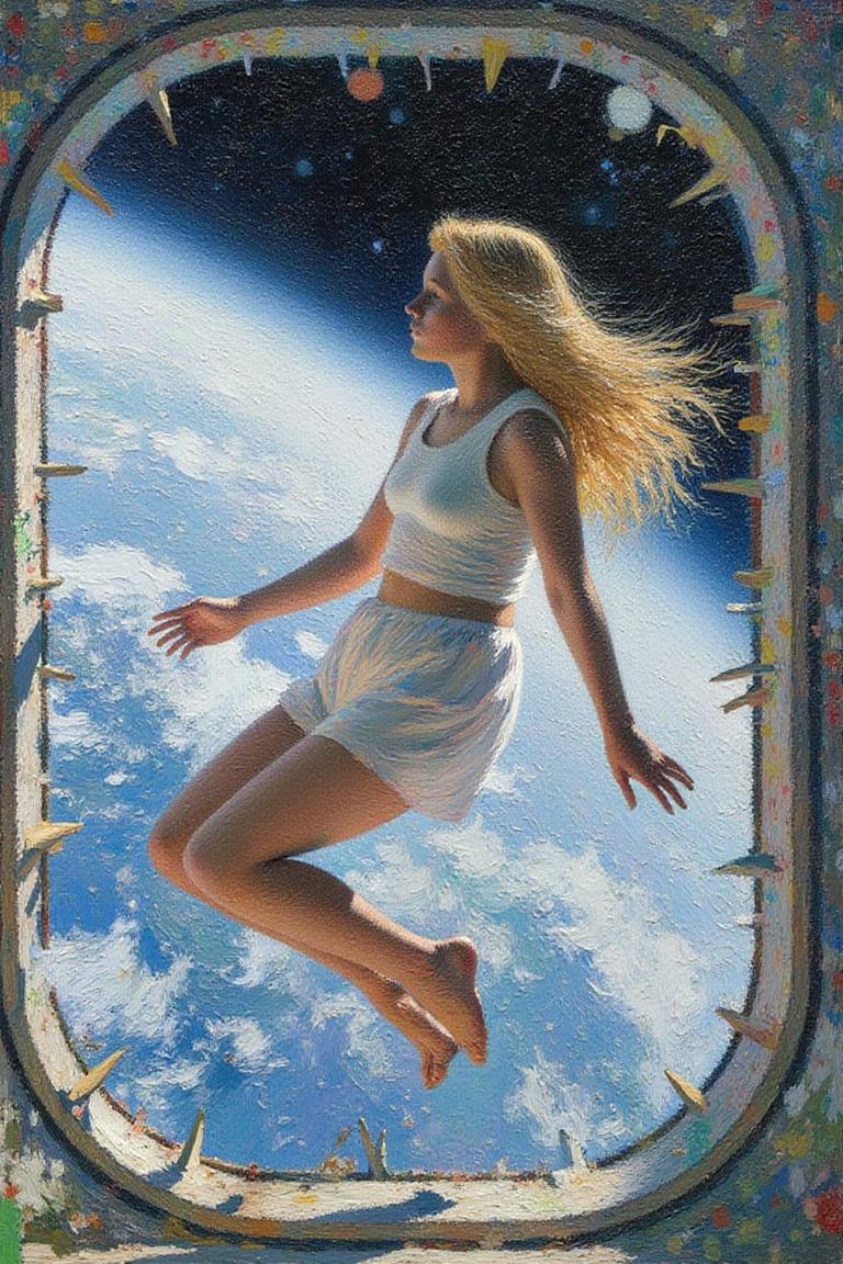 henrimartin1 painting.
Side profile view of a blonde, floating weightless, space station. She is wearing a white tanktop, short shorts and barefoot, and looking outside towards earth. She is melancholic, and is thinking of her family back on earth. <lora:henrimartin1_cap_d8a4e12:1.0><lora:851862393196705173:0>