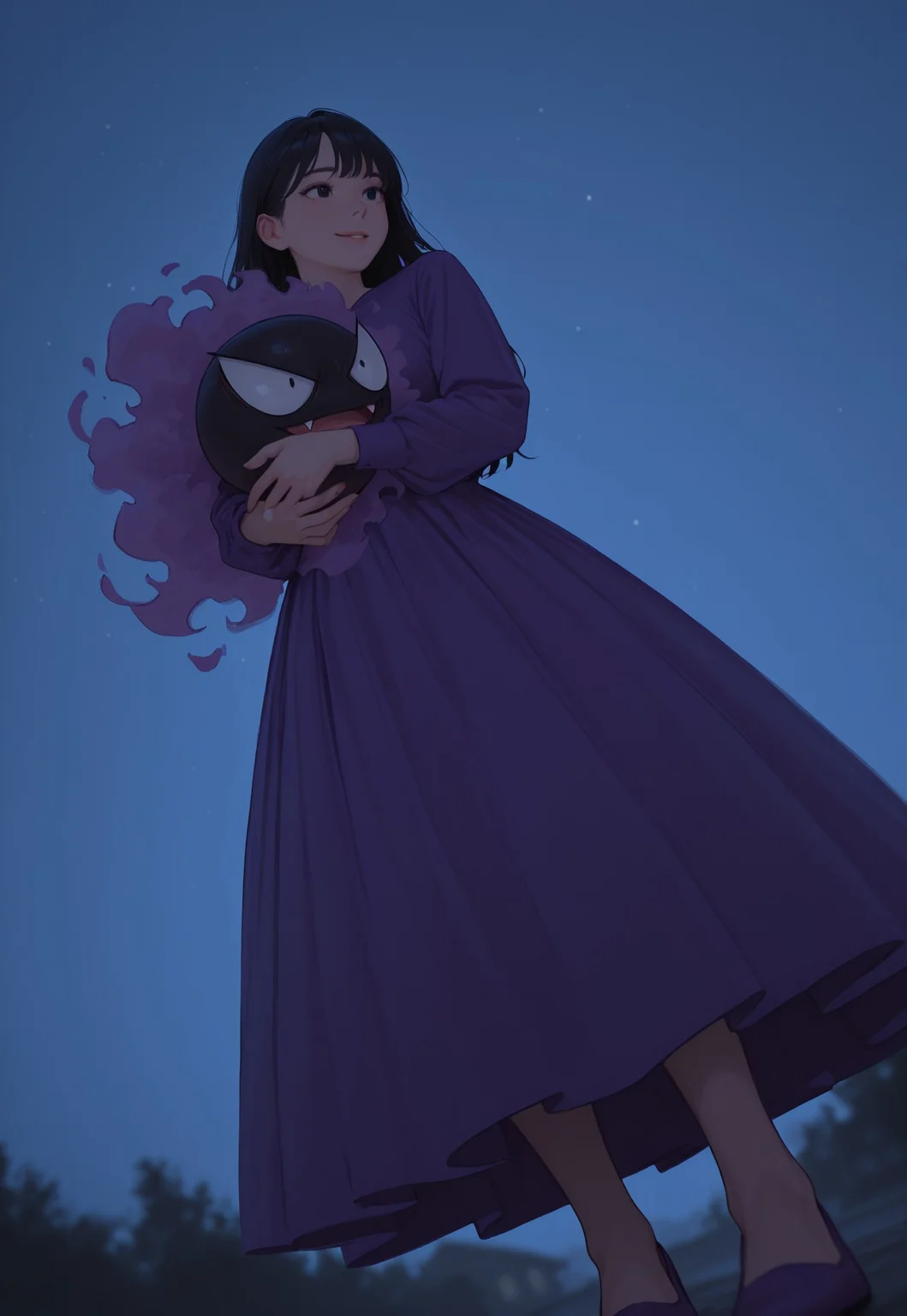 masterpiece, best quality, amazing quality, very aesthetic, absurdres, dynamic angle, ultra-detailed, highly detailed, cinematic lighting, realistic shading, intricate details, soft lighting, high contrast, depth of field, perspective, 1girl with 1other, couple, (1girl, short black hair, black eyes, purple long dress, purple flats, holding pokemon.) BREAK
(PKMN_Gastly, black eyes,). outside, night, happy, looking at another