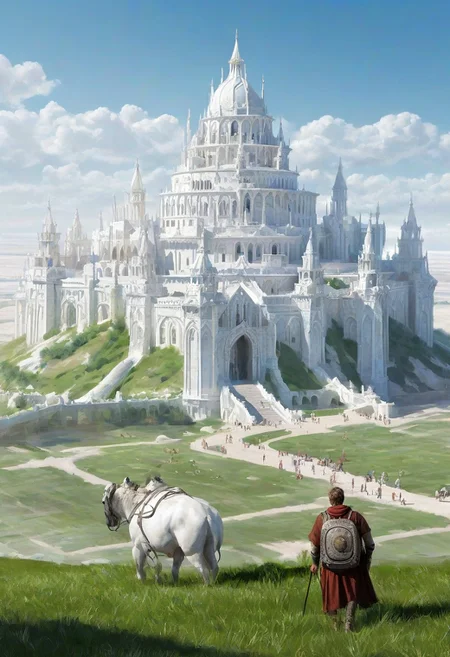 traveler getting near to a giant white city, castle, in a grass field