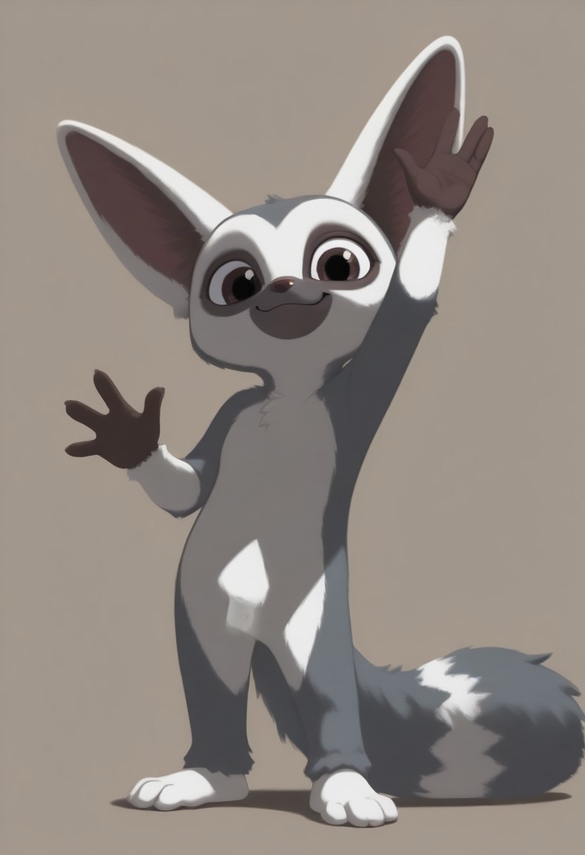 masterpiece, best quality, Smo0thL1nes, lemur, male, brown eyes, large fennec fox ears, smile, waving, raised arm, looking at viewer, simple background,
solo, full body, fox tail, white fur, grey fur, two-tone fur, brown eyes