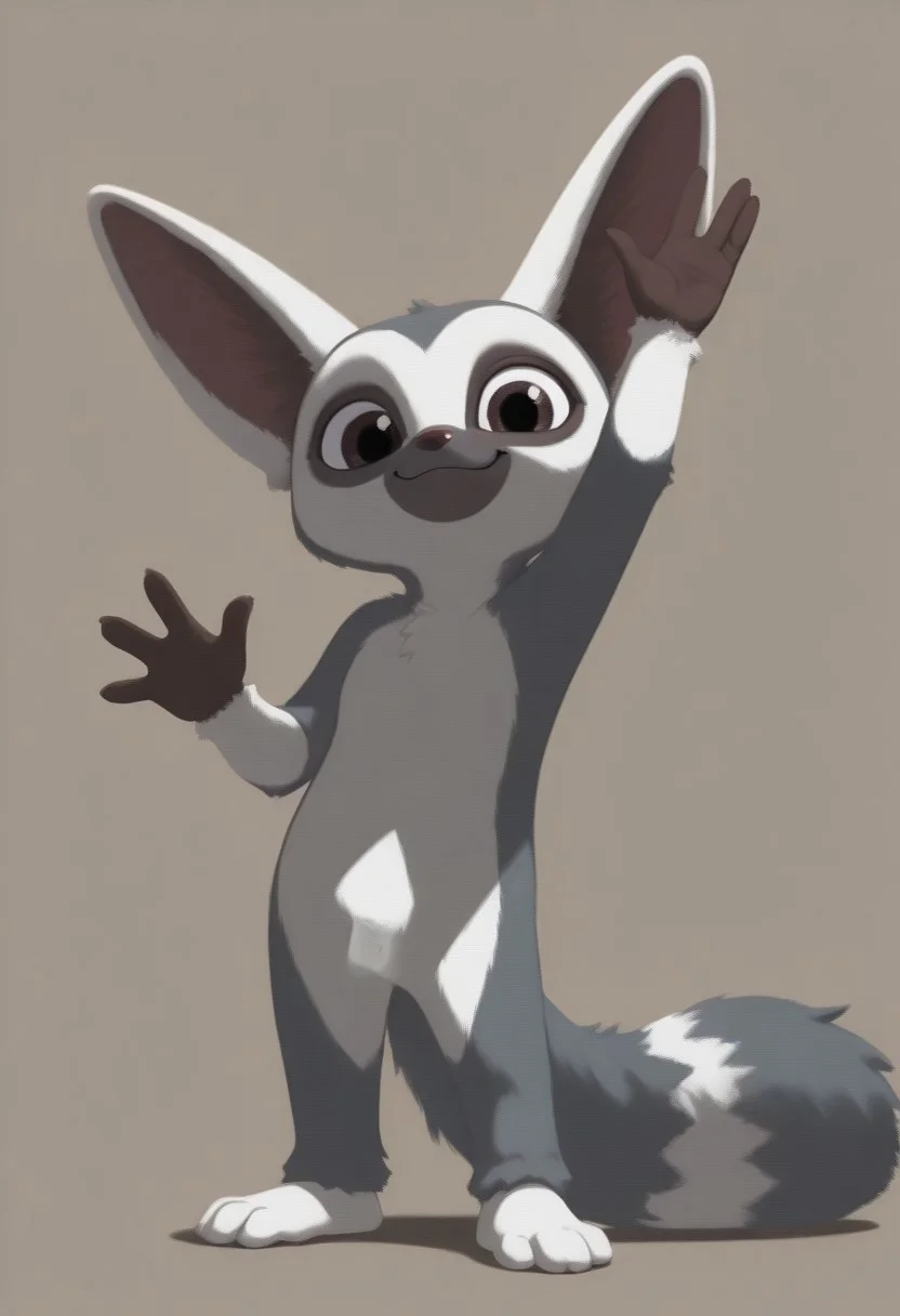masterpiece, best quality, Smo0thL1nes, lemur, male, brown eyes, large fennec fox ears, smile, waving, raised arm, looking at viewer, simple background,
solo, full body, fox tail, white fur, grey fur, two-tone fur, brown eyes