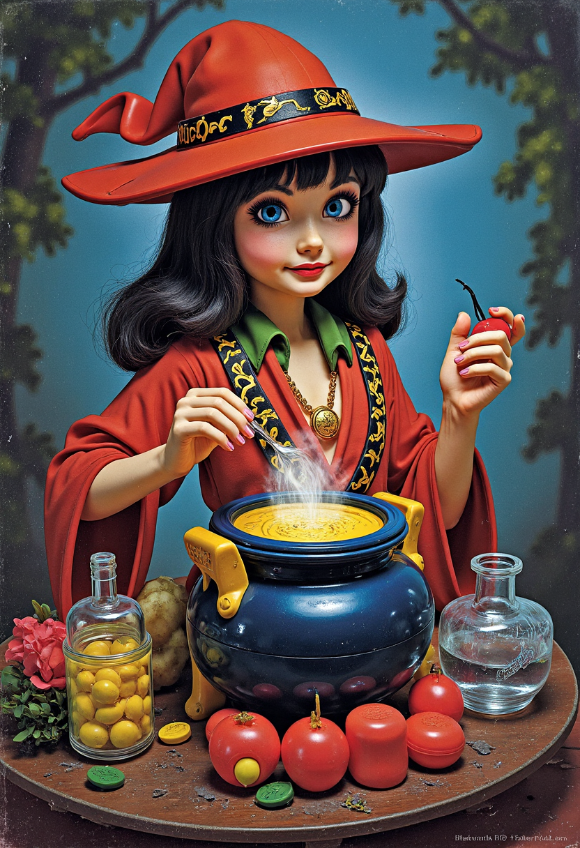 a futuristic cyber witch making a love potion in her high tech cauldron, fisher price 80s style