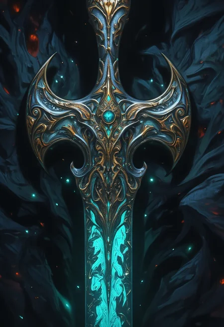 a masterful relic in the middle of a sacred town, glowing glyphs, graphite, gold, ancient, marble, grain, texture, pattern, (neon teal), absurdres, hilt, stone, reflective surface, cavern, crystal, inner light, intricate, embroidery, metal, shine, journey, twilight, sword