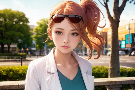 1girl, young woman with red hair, pale skin, sunglasses, heart hair ornament, labcoat, green shirt, crop top, pants,  <lora:soniaPokemonSSLora_pokesonia:1> RAW photo, best quality, high resolution, (masterpiece), dreamlike, dreamy, floaty, modelshoot style, analog style, tonemapping, photorealistic, professional photography, sharp focus, HDR, 8K resolution, intricate detail, sophisticated detail, hyper detailed, (depth of field), highlight and shadow, volumetric lighting, cinematic bloom, professional light, golden hours, Times Square streets, trees, looking at viewer, medium distance