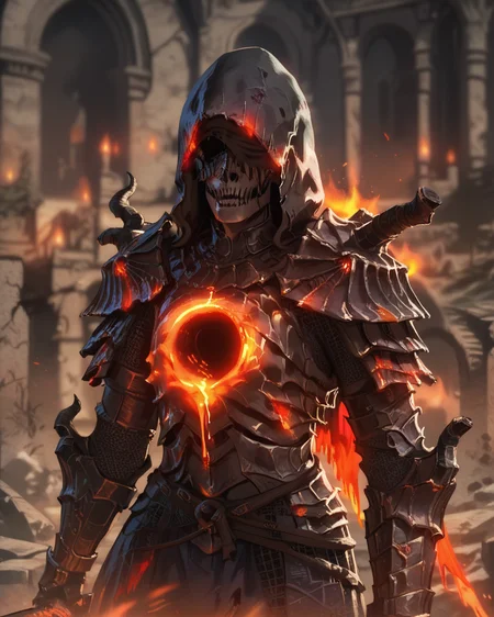score_9, score_8_up, score_7_up, solo, undead, sword, ringedknight, full armor,armor, glowing, hood, castle, blurred background, ruins, ashes,fire, upper body, <lora:ringedknight:0.9>