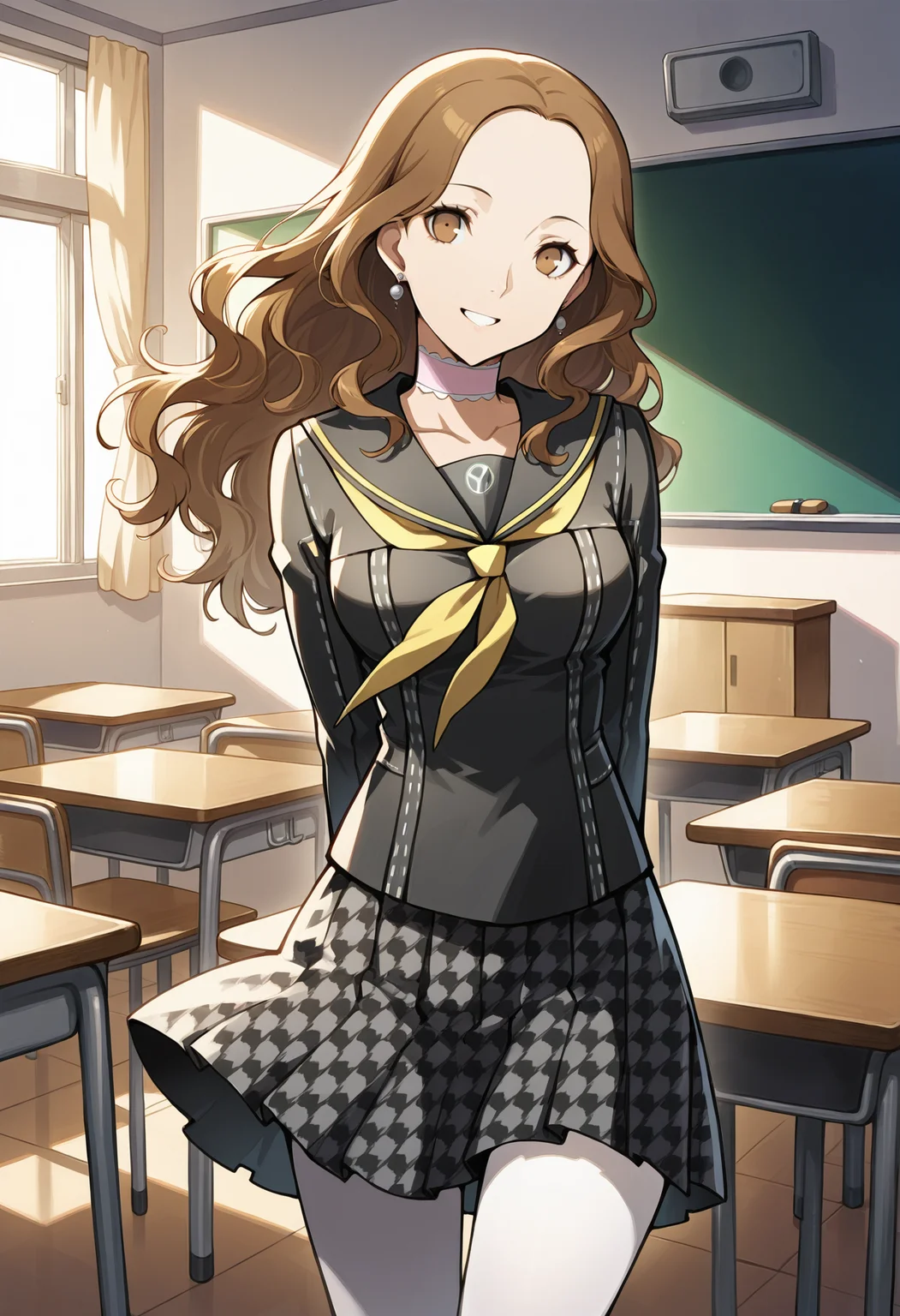 (masterwork, masterpiece, best quality, hyper-detailed :1.1),
1 girl, solo,
p4ebihara, brown hair, long hair, wavy hair, earrings, brown eyes,
p4ebihara-uni, choker, yasogami school uniform, school uniform, white pantyhose, skirt, serafuku, houndstooth,
classroom, standing, looking at viewer, happy, smile, teeth, arms behind back,