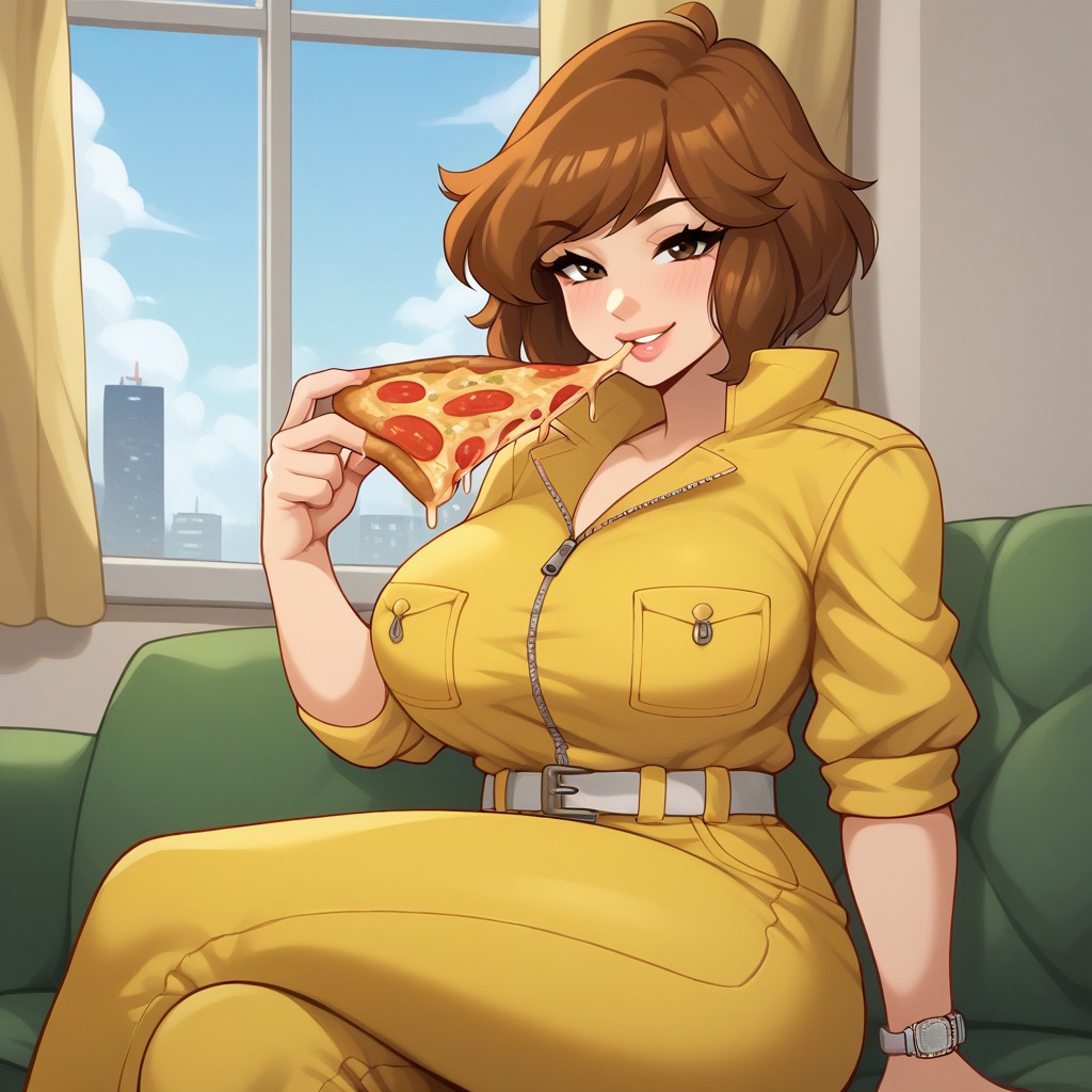 score_9, score_8_up, score_7_up, score_6_up, score_5_up, score_4_up, source_anime, rating_safe, BREAK <lora:aprilXL_LoRA-C3Lier_AdamW_Dim4_Alpha4_UN-3e-4_TE-1.5e-4_10batch_ponyDiffusionV6XL_v6StartWithThisOne:1>, april o'neil, 1girl, short hair, brown hair, brown eyes, lips, large breasts, yellow jumpsuit, zipper, wristwatch, white belt, curvy, smile, sitting, on couch, eating, looking at viewer, holding pizza, room, window, curtains, cityscape, blue sky