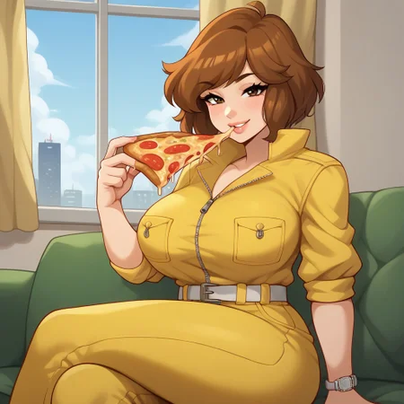 score_9, score_8_up, score_7_up, score_6_up, score_5_up, score_4_up, source_anime, rating_safe, BREAK <lora:aprilXL_LoRA-C3Lier_AdamW_Dim4_Alpha4_UN-3e-4_TE-1.5e-4_10batch_ponyDiffusionV6XL_v6StartWithThisOne:1>, april o'neil, 1girl, short hair, brown hair, brown eyes, lips, large breasts, yellow jumpsuit, zipper, wristwatch, white belt, curvy, smile, sitting, on couch, eating, looking at viewer, holding pizza, room, window, curtains, cityscape, blue sky