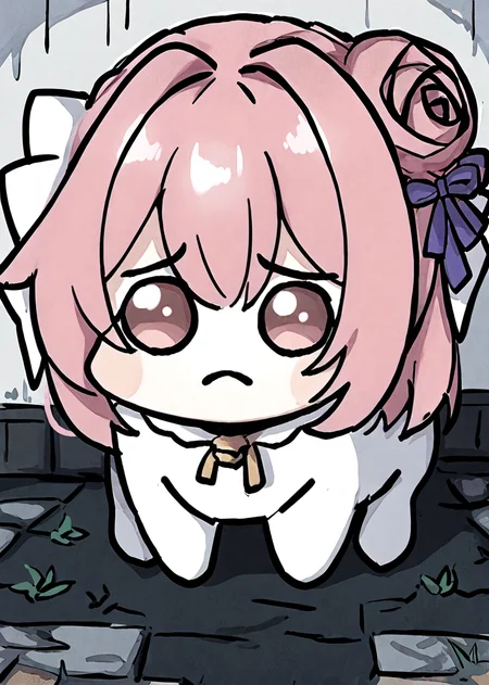 score_9,score_8_up,score_7_up,score_6_up,score_5_up,score_4_up,source_anime,best quality,masterpiece,
<lora:pien_pony_v1:1.1>,pien_face,sad,
<lora:Doro_X_PDXL_V1>,
doro,creature,:3,chibi,pink hair,hair bun,hair bow,no humans,white skin,four legs,solid circle eyes,no pupils,