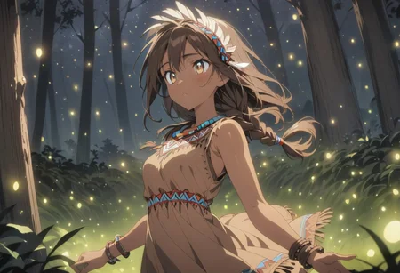 Dolly shot, eye level height, dark brown eyes, from the side, (masterpiece), (best quality), (ultra-detailed), very aesthetic, illustration, perfect composition, intricate details, absurdres, detailed face, (anime, masterpiece, intricate:1.3), (best quality, hires textures, high detail:1.2), (4k),(incredibly detailed:1.4) 
(((Best quality))), (((Ultra detailed))), ((((vivid)))), landscape, cowboy shot, focus on girl, (((fireflies, particles))), (fireflies lighting:1.4) (((dark forest at night, white trees))), trees cover background, trees cover sky,( Night, night time:1.5), <lora:more_details:0.5>, 1girl, walking, Brown Skin, Native American,tan skin, wearing a brown deerskin dress, long brown braided hair, beaded necklace, feather headdress, brown rope bracelet, brown eyes, hand reaching forward, from the side, dark night, (light only from fireflies:1.7) firefly light source