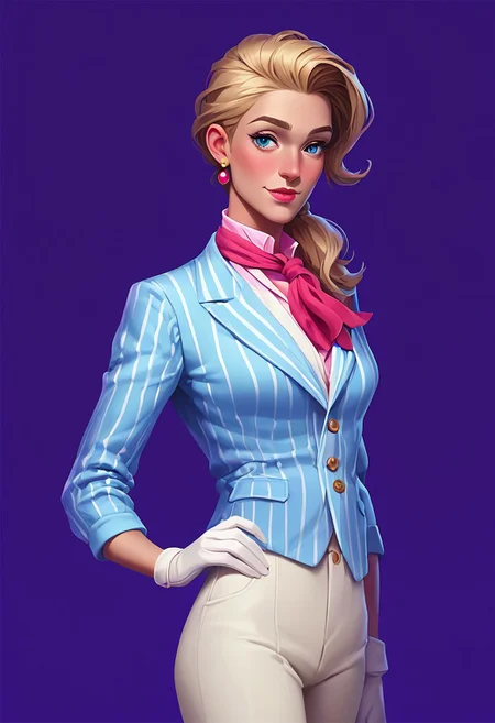 score_9, score_8_up, score_7_up, Casgas BREAK, 1girl, woman, solo, mature, slim, aristocrat, discontented, disgruntled, medium breasts, blue eyes, light blonde hair, long hair, her hair is pulled back in a ponytail, single ponytail, gold triangular earrings with a red gemstone, pink lips, light pink eye shadow, red handkerchief tied around the neck, blue jacket with pointed shoulders, pink lapel, white jacket, white gloves with stripes, white pants, BREAK the right hand holds a small disgruntled dog, the left hand on the hip, standing, cowboy shot, semi-sideways, half-sideways, looks to the left, simple background, purple background