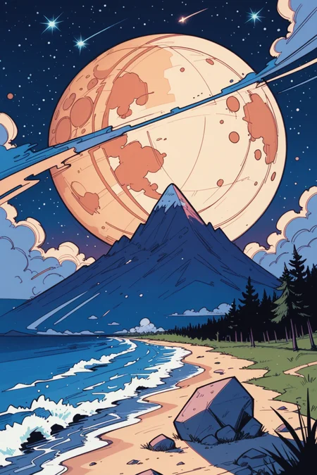 moon, star \(sky\), scenery, sky, no humans, outdoors, starry sky, night, night sky, tree, shooting star, crescent moon, ocean, cloud, nature, water, rock, horizon, planet, landscape, mountain, a_Comic_Illustration, rough lines with ink, (drawn:1.1), (sketch:1.5), (crosshatching:1.25), (comic style:1.1), graphic novel style, sharp lines, hires, zstyle, (western comics \(style\):1.1), (hatching \(texture\):1.2), zPDXL, Mr_Monster_Possitive, <lora:Expressive_H:0.5>, score_9, score_8_up, score_8_up,