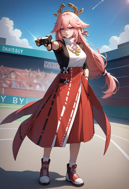 score_9, score_8_up, score_7_up, holding weapon, holding gun, handgun, hand in pocket, aiming, <lora:YusufDikecGunPose_pdxl_Incrs_v1:1>, yae miko, 1girl,